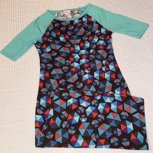 LULAROE Julia Bodycon Midi Dress Size XXS Aqua Raglan Elbow Sleeve Hexagon Print